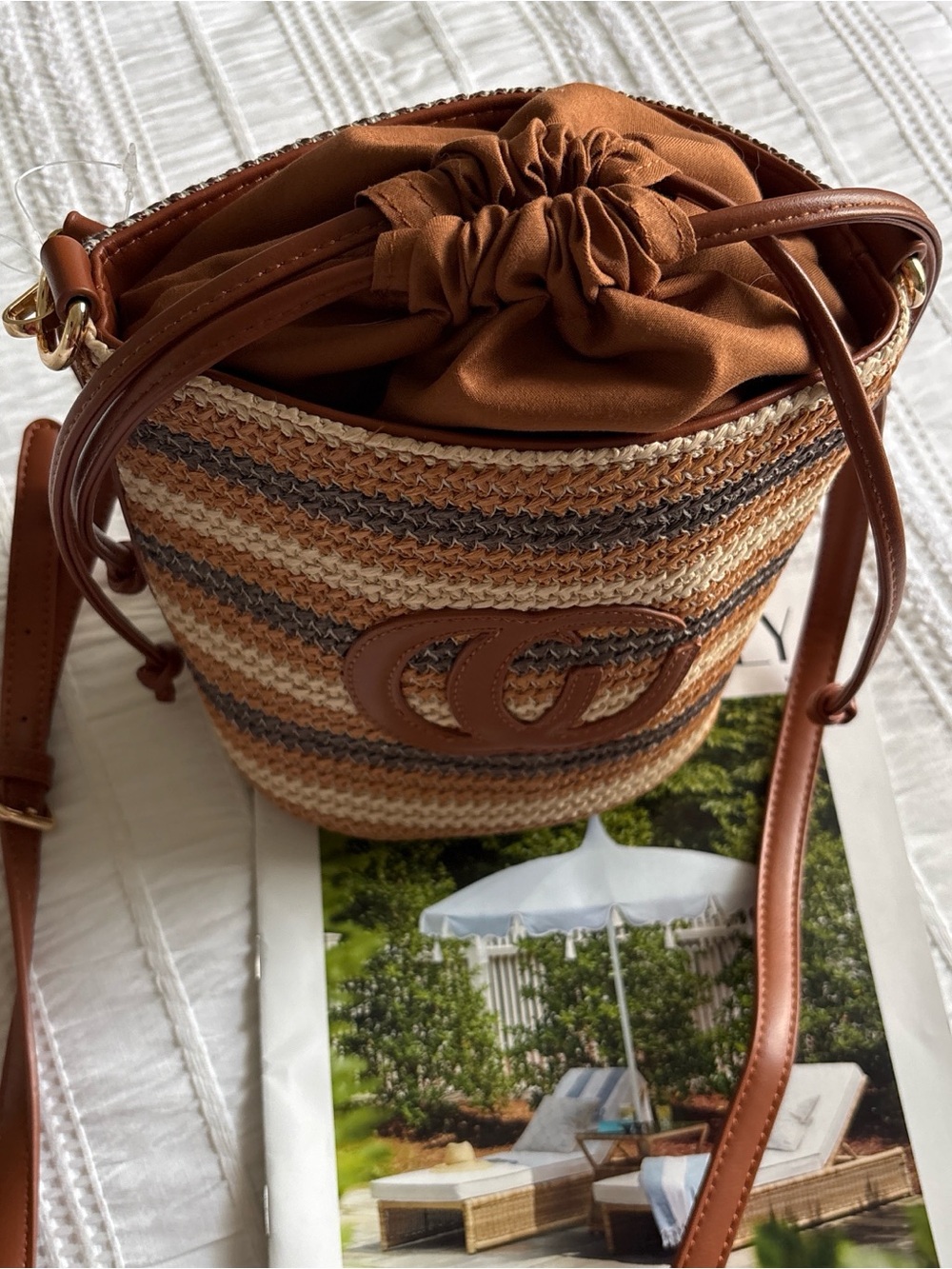 Woven Straw Bucket Crossbody Bag in Brown